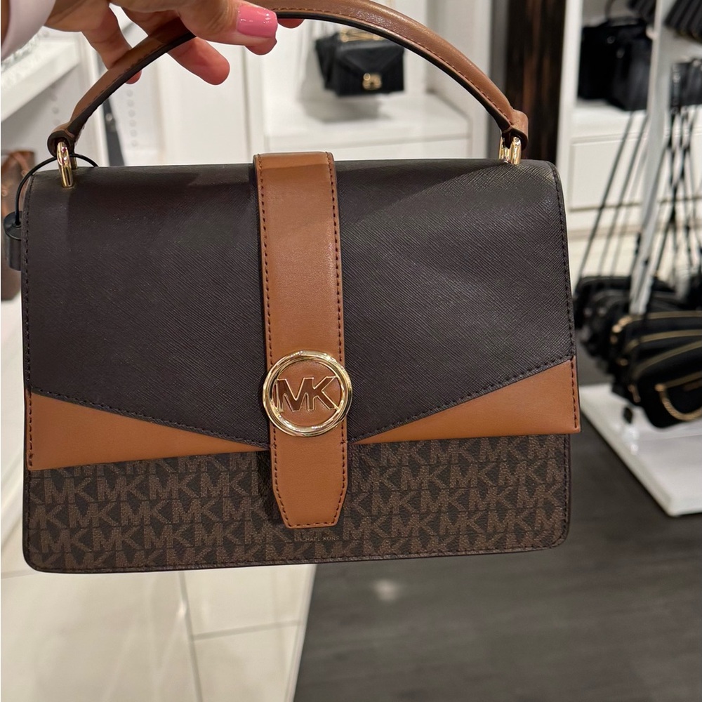 Michael Kors Brown and Tan Satchel with Gold MK Medallion